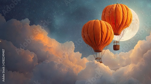 Hot Air Balloons Floating Above Clouds Under a Starry Night Sky
