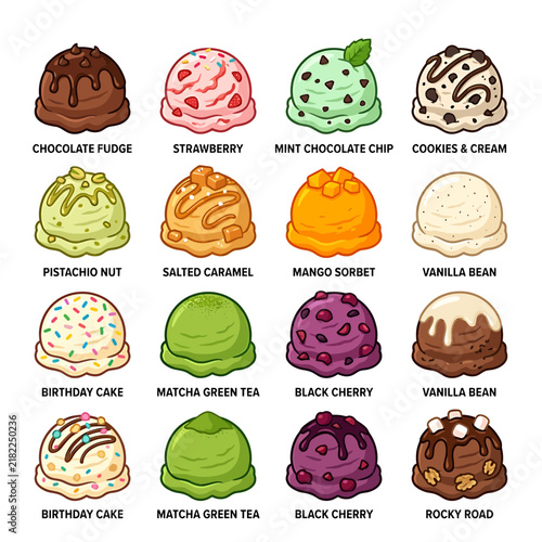 Assorted colorful ice cream scoops with flavor names vector set
