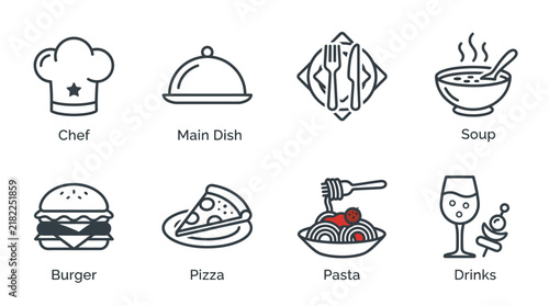 Restaurant menu and food service linear outline icon set for culinary catering and dining web design
