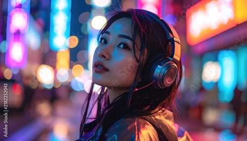 Woman with headphones in vibrant neon city at night