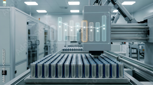 Modern automated production line filling and capping metal beverage cans with 3D data visualization overlay.