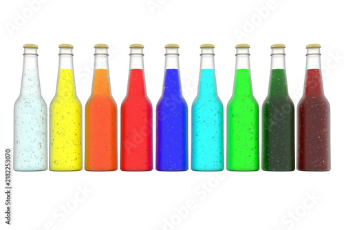 PNG. Trasparente. Bottiglie bibite rinfrescanti colorate su sfondo bianco