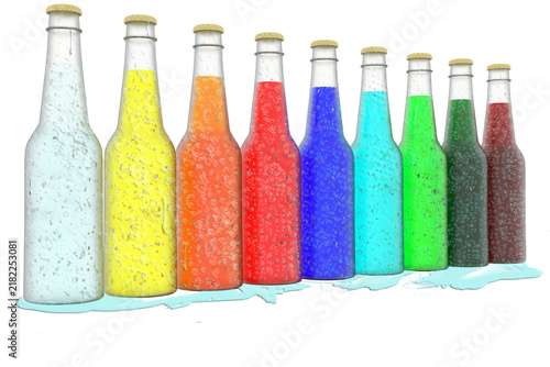 PNG. Trasparente. Bottiglie bibite rinfrescanti colorate su sfondo bianco