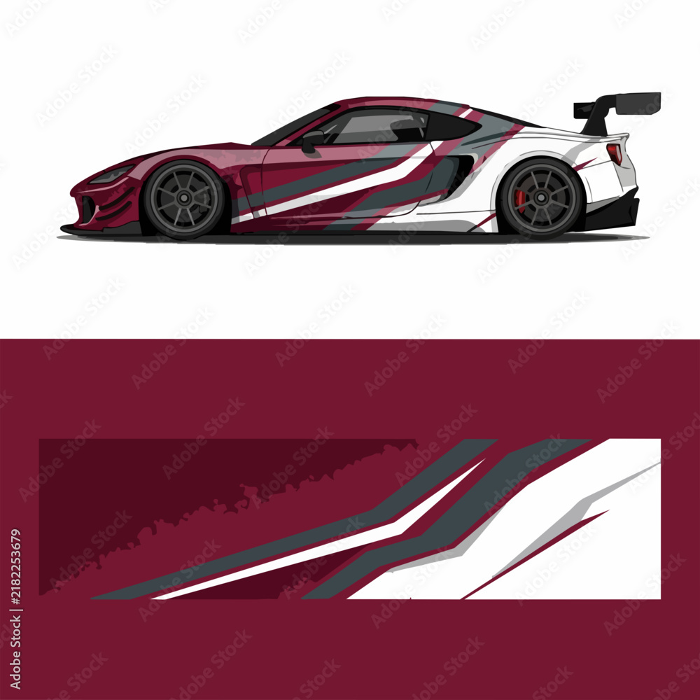 Naklejka premium Red and white sports car with racing stripes and spoiler