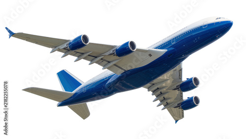 Canvastavla Large blue and white passenger jet airplane with multiple engines, isolated on t