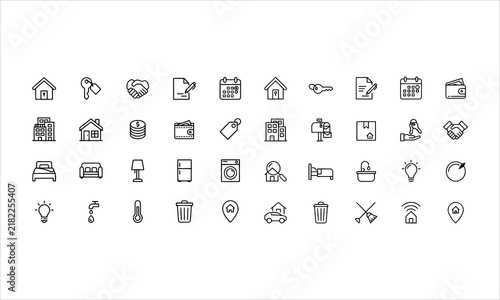 Set outline icons related to rental property. Linear icon collection. Editable stroke. Vector illustration