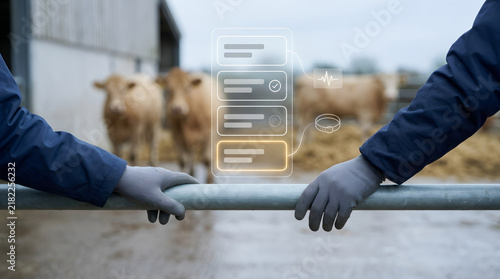 Farmer monitoring livestock health data using digital technology on farm.