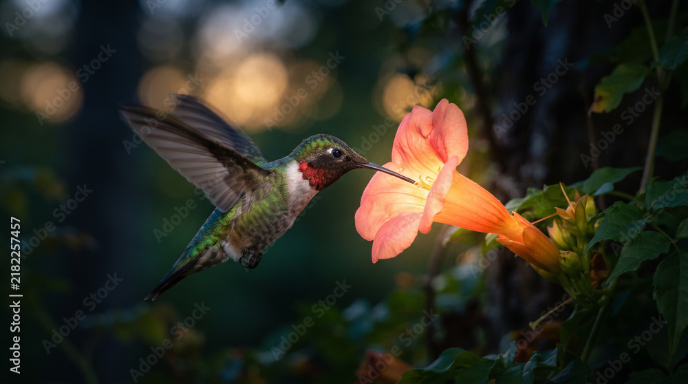 Obraz premium Emerald green hummingbird hovering near vibrant orange pink flower at golden hour in lush dark foliage with soft bokeh background
