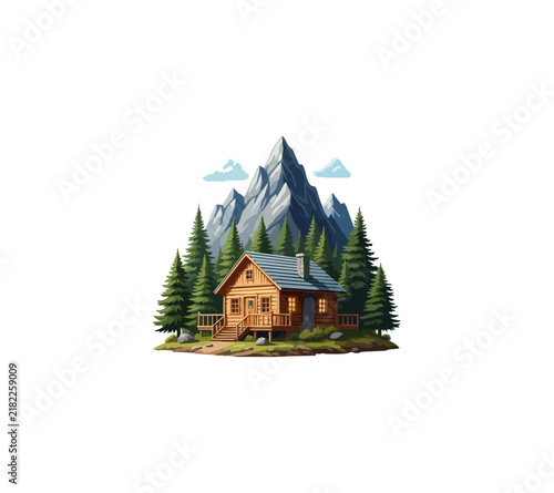 Wooden cabin nestled amidst pine forest and majestic mountains