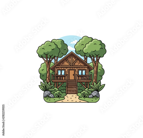 Wooden cabin nestled among lush trees in a serene natural environment illustration