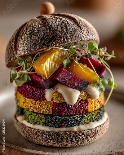 Colorful Plant Based Burger with Layered Vegetables and Microgreens