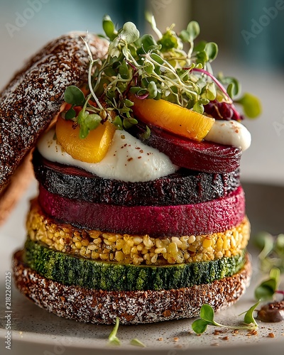 Colorful Plant Based Burger with Layered Vegetables and Microgreens