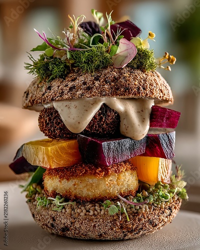 Colorful Plant Based Burger with Layered Vegetables and Microgreens