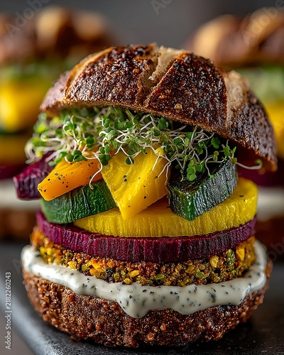 Colorful Plant Based Burger with Layered Vegetables and Microgreens