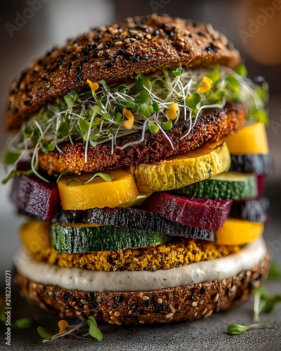 Colorful Plant Based Burger with Layered Vegetables and Microgreens