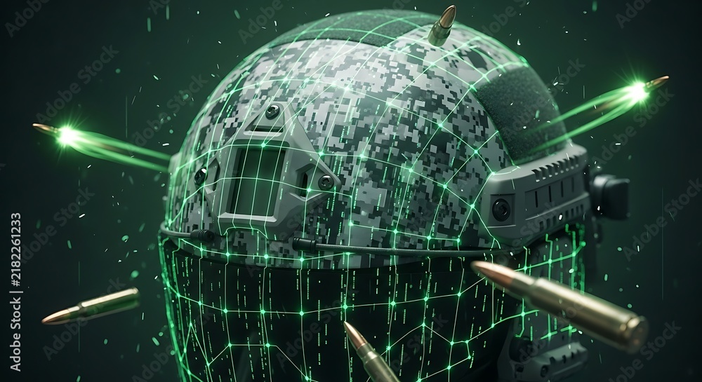 Obraz premium Advanced military helmet with glowing digital protection grid deflecting incoming bullets