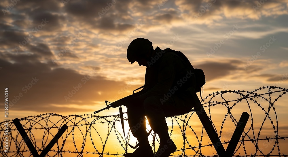 Obraz premium Armed Soldier Silhouette Sitting Atop Barbed Wire Fence During Sunset