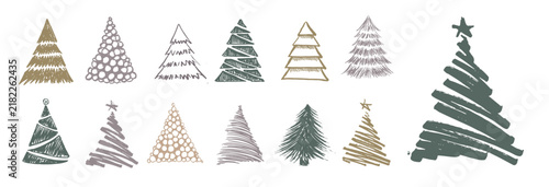 Christmas tree set, hand-drawn illustrations on white.	
