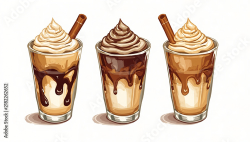Three glasses of iced coffee with whipped cream and chocolate syrup on white background