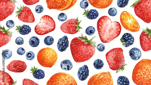 Colorful Fresh Fruit Pattern with Strawberries, Blueberries, and Oranges