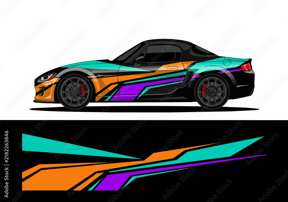 Fototapeta premium Colorful sports car with dynamic racing stripes design