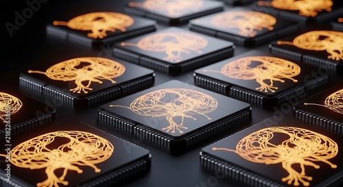 Obraz na płótnie Glowing Brain Structures on Processor Chips Representing Artificial Intelligence