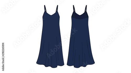 Dark Blue Sleeveless Midi Dress with Spaghetti Straps Front and Back View Template for Women Fashion Design