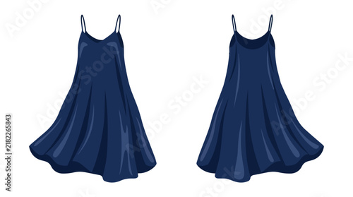 Elegant Dark Blue Silk Slip Dress Front and Back View Mockup for Fashion Design and Lingerie Retail Presentation