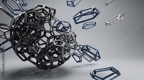 Complex geometric sphere made of metallic lattice frames floating in space with metallic structure abstract sphere complex geometry 3D mesh industrial design scientific model futuristic structur