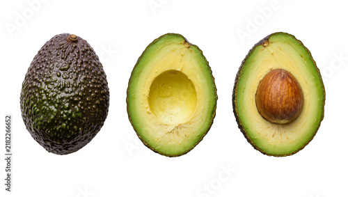 Konstfotografi Whole dark green avocado and two halves one with seed, isolated on transparent b