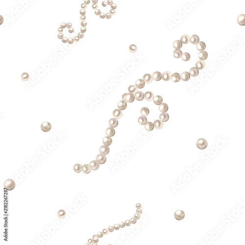 Seamless pattern with natural white pearl beads and strand necklaces. Hand drawn watercolor illustration isolated on. Ornate jewelry pearl wave graphic art background