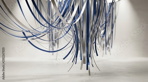 Hanging abstract installation of blue and silver ribbons in a modern room with ribbon art abstract sculpture ceiling installation decorative ribbons artistic decor interior art modern space
