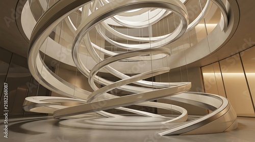 Large architectural spiral sculpture suspended in a bright contemporary atrium with sculpture architecture building interior installation geometric contemporary circular abstract structure