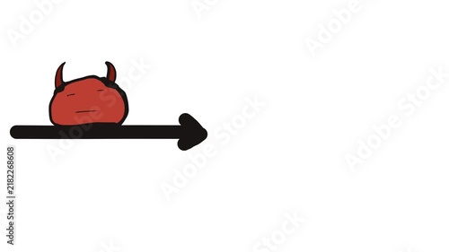 On the moving arrow sits a small, plump demon or a fictional slug, a fantasy creature with horns.