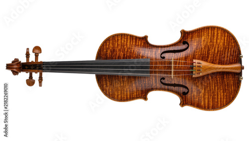 Obraz na plátně Detailed brown flamed maple violin with ebony fingerboard, isolated on transpare