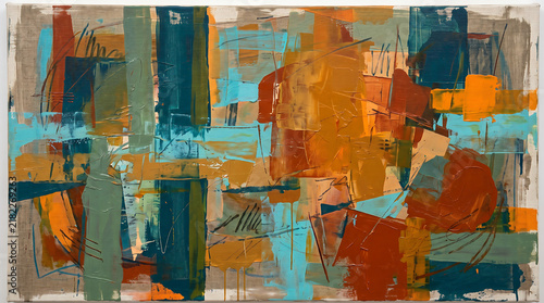 Abstract Painting with Orange and Teal Geometric Shapes