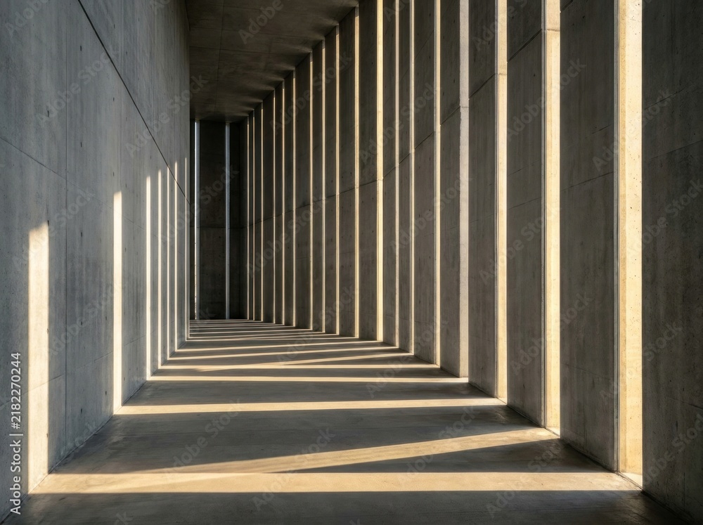 Obraz premium Rhythmic daylight and shadow patterns casting through concrete architectural colonnade corridor
