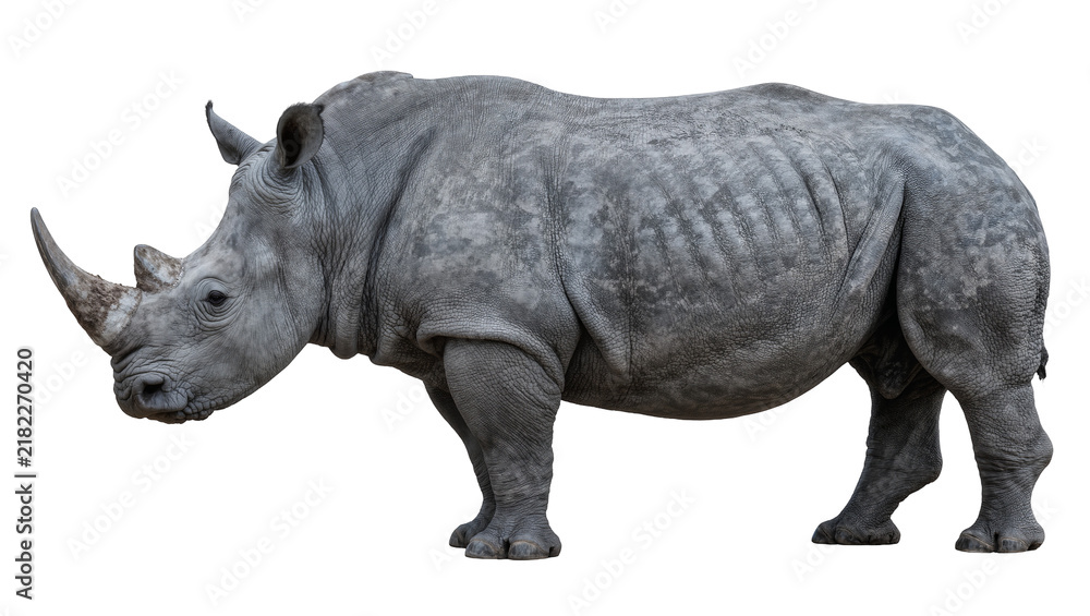 Fototapeta premium Large grey rhinoceros with two horns, isolated on transparent background