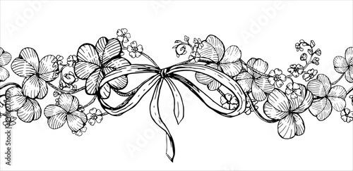 Seamless border clover and forget-me-not with bow hand drawn vector ink sketch. Engraving Illustration for Patricks day greeting cards, Irish branding, celtic decor, rustic wedding invitation frames.