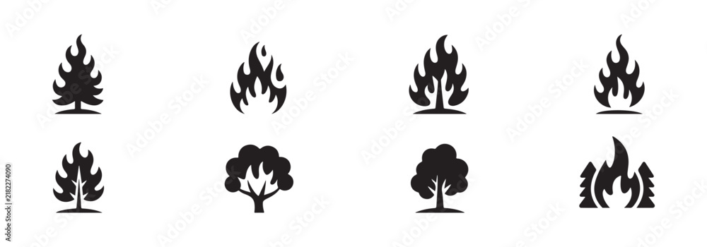 Obraz premium Set of fire tree and burning plant silhouettes on transparent background, representing natural forest fires and destruction.