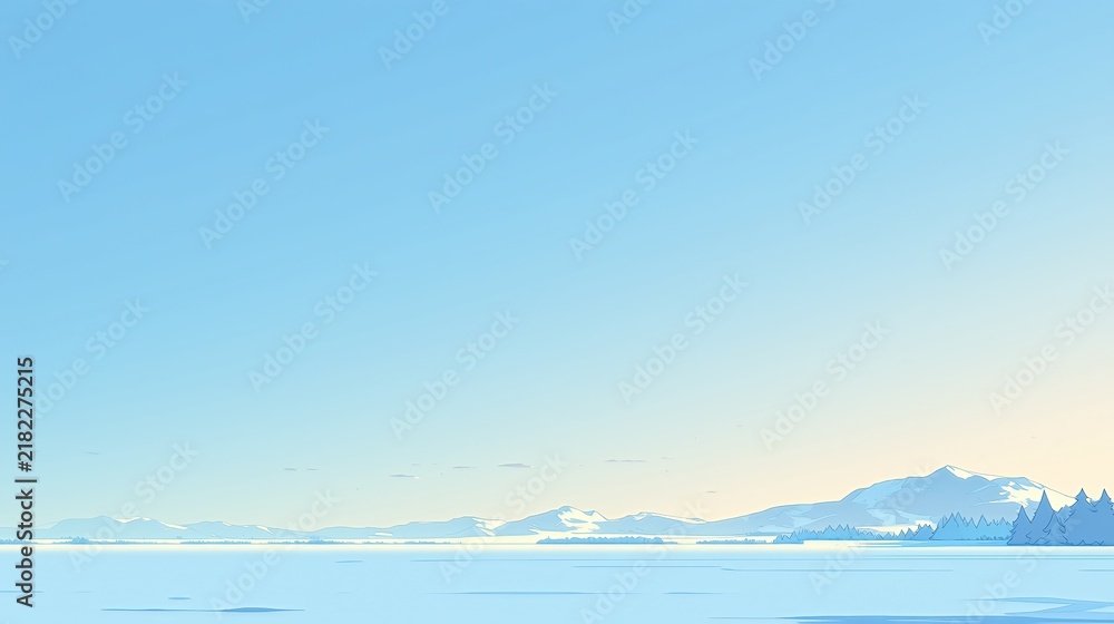 Obraz premium 広大な雪景色が広がる冬の湖と山々のイラストレーション
