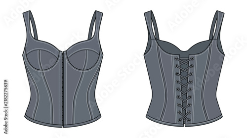Gray Denim Corset Bustier Bodice with Front Zip and Lace Up Back Detail Technical Fashion Illustration Design