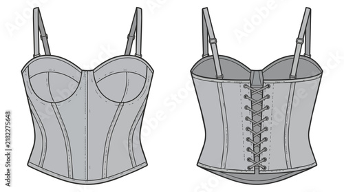 Women's Lace Up Corset Bustier Top Fashion Technical Sketch Set with Adjustable Straps and Front Back View