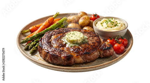 Grilled ribeye steak with herb butter, roasted vegetables and mashed potatoes. Gourmet beef dinner on plate, isolated on white background.