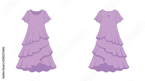 Elegant Lavender Layered Ruffle Dress Technical Drawing Template with Front and Back View for Fashion Design Layout