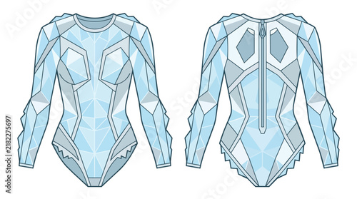 Futuristic Blue Geometric Crystalline Pattern Bodysuit and Leotard with Long Sleeves Front and Back View Template Mockup