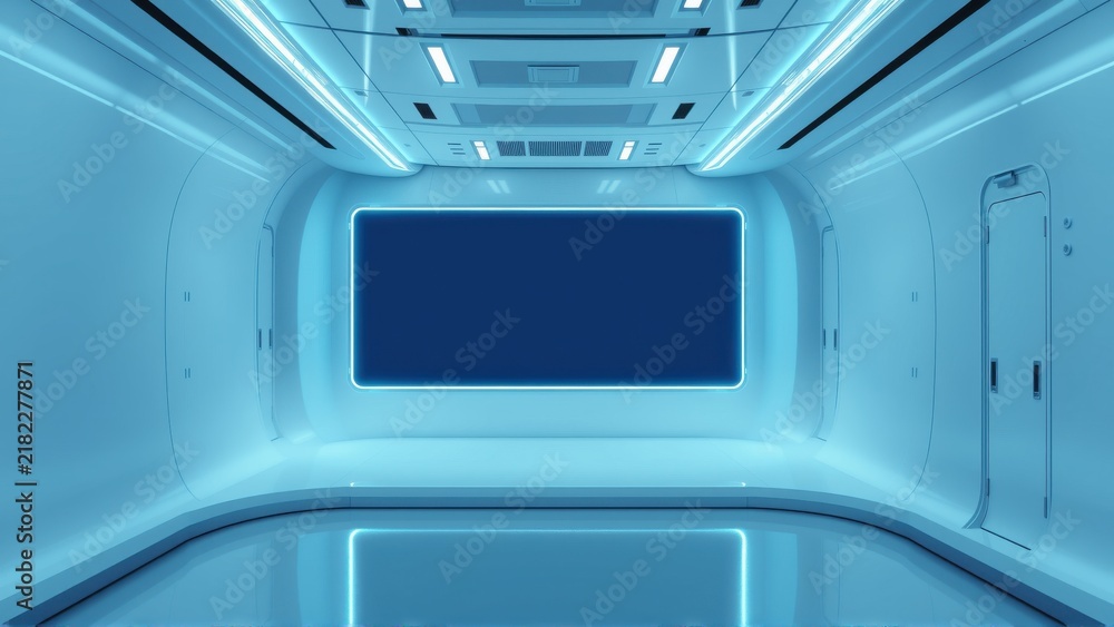 Obraz premium Futuristic interior, cool blue lighting, sleek design. Minimalist space suggests technology, possibly spaceship corridor. Clean lines dominate composition.