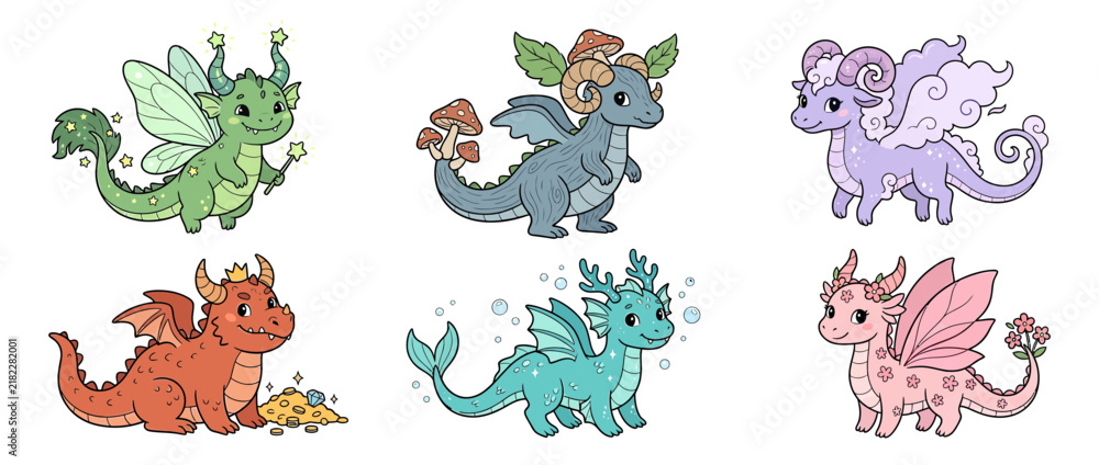 Obraz premium Cute fantasy baby dragons collection, isolated on transparent background.