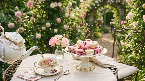 Elegant afternoon tea party with floral porcelain set and macarons in rose garden