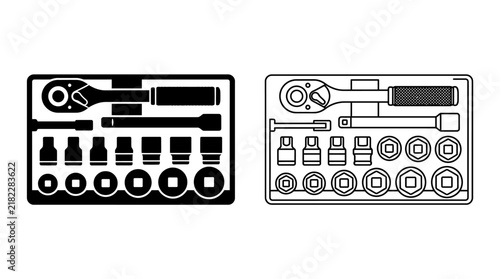 Tool kit with wrench and various bits black and white vector illustration